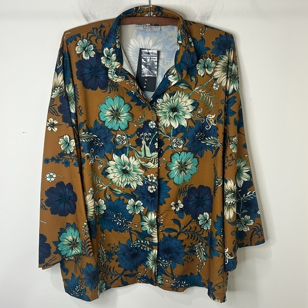 NWT Bryn Walker Bellagio Floral Print Alabama Shirt Tunic Ochre Teal Medium - Picture 2 of 16